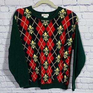 Talbots Women VTG Fleur De Lis Argyle Plaid Sweater Green Red Size M 80s Holiday
